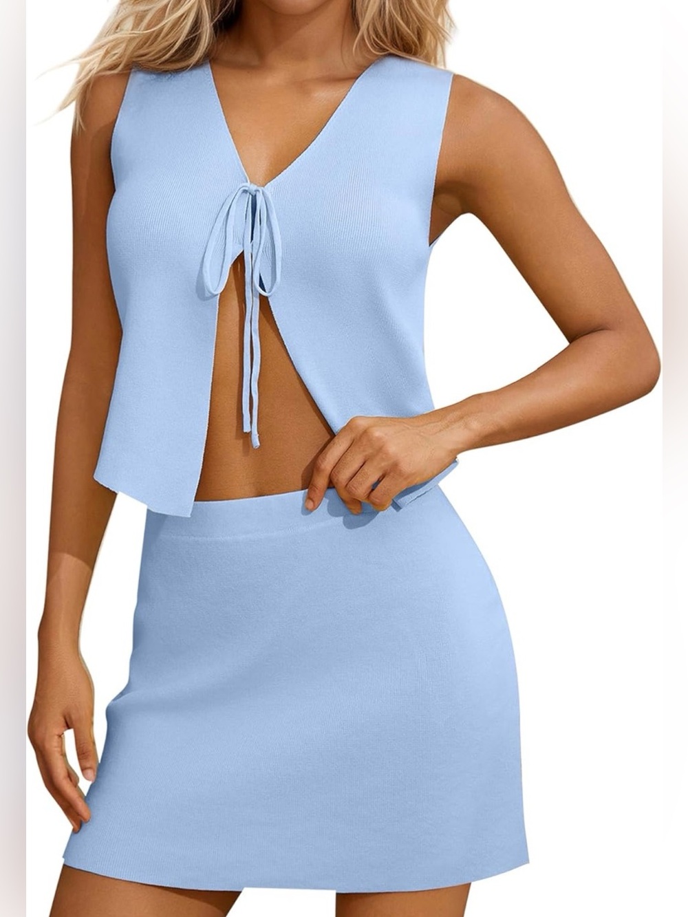 Light Blue Tie-Front Top & Mini Skirt Set